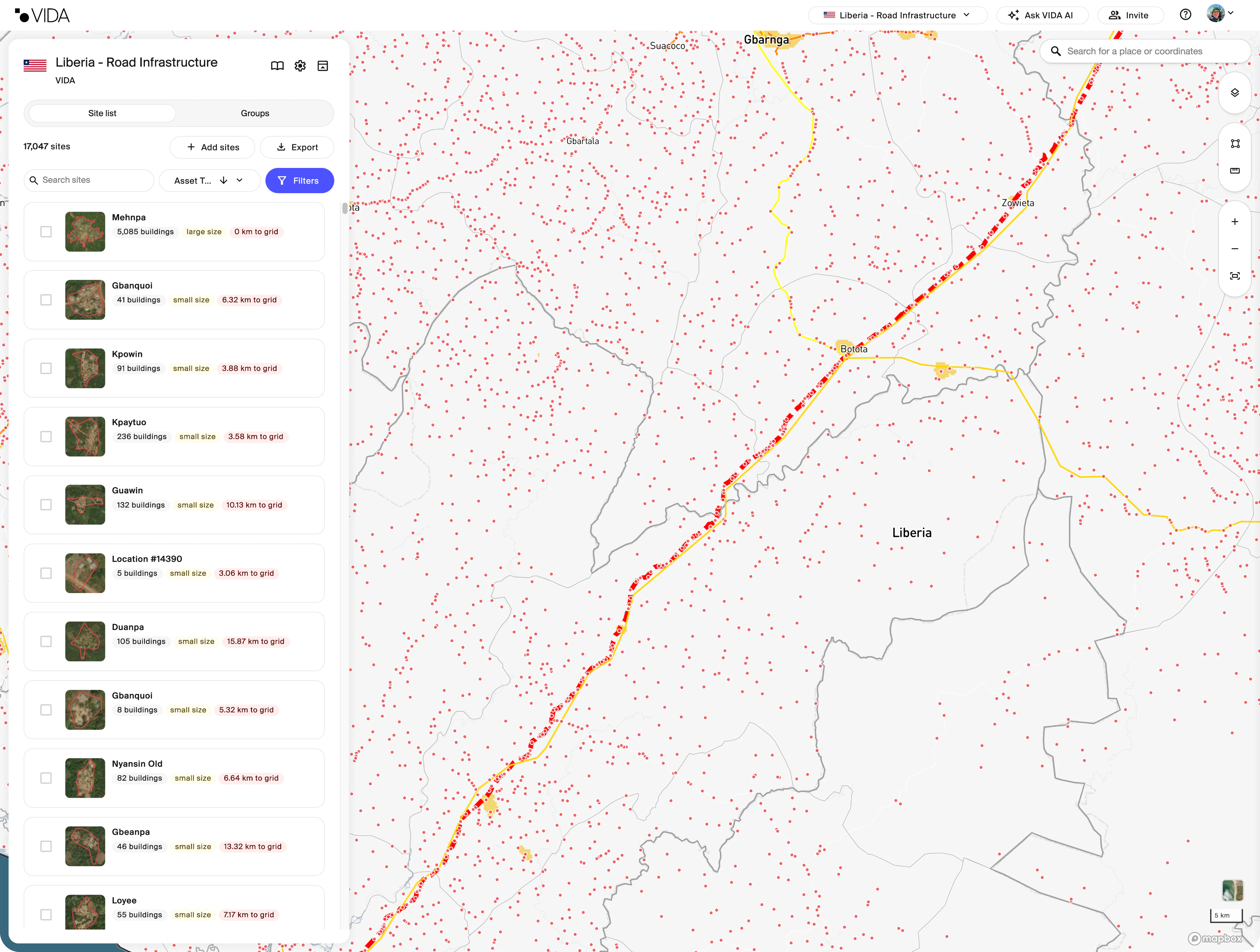 A screenshot of VIDA's geospatial platform with settlements around a road in Liberia.