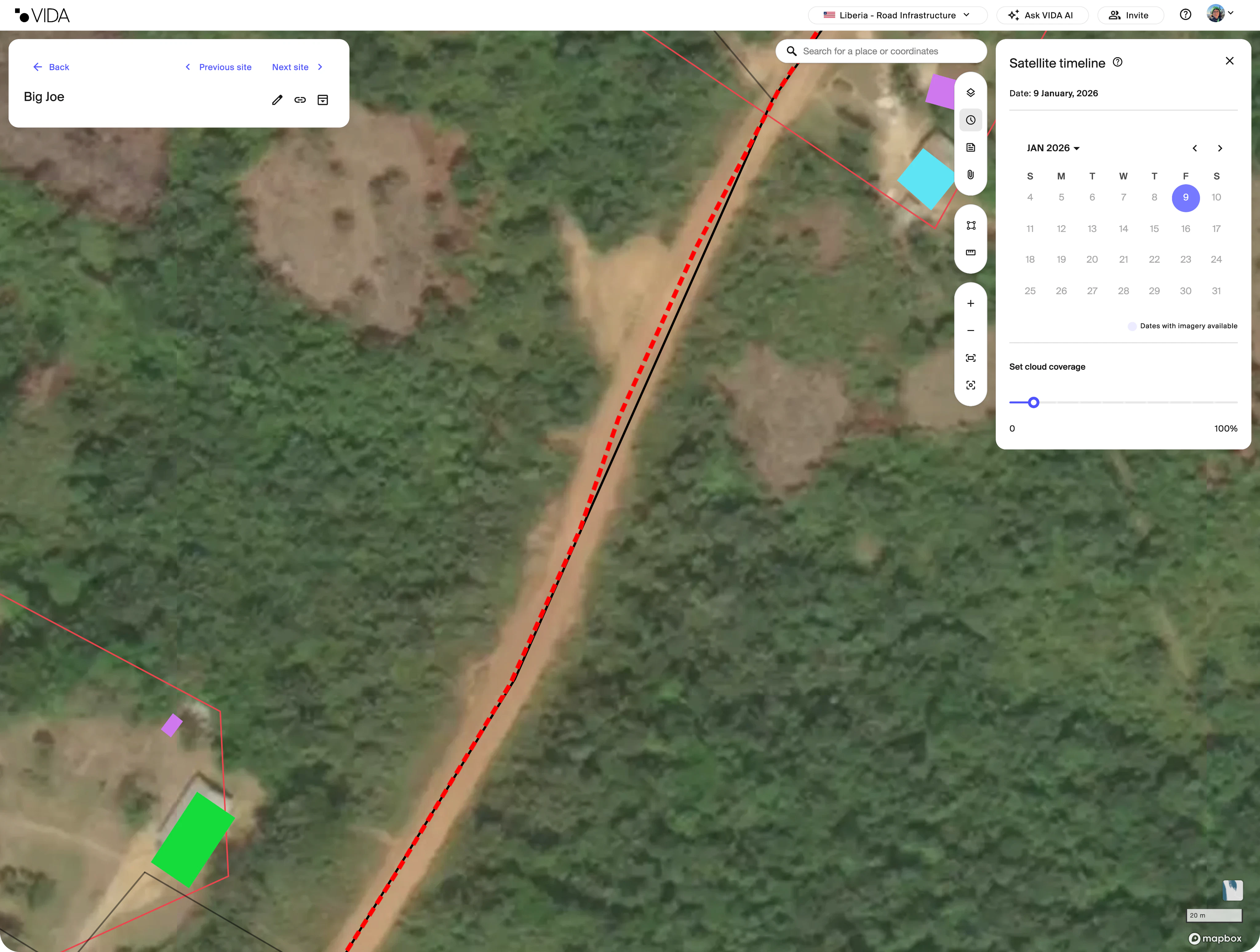 A screenshot of VIDA's geospatial platform with the example of a satellite timeline of a road in Liberia.