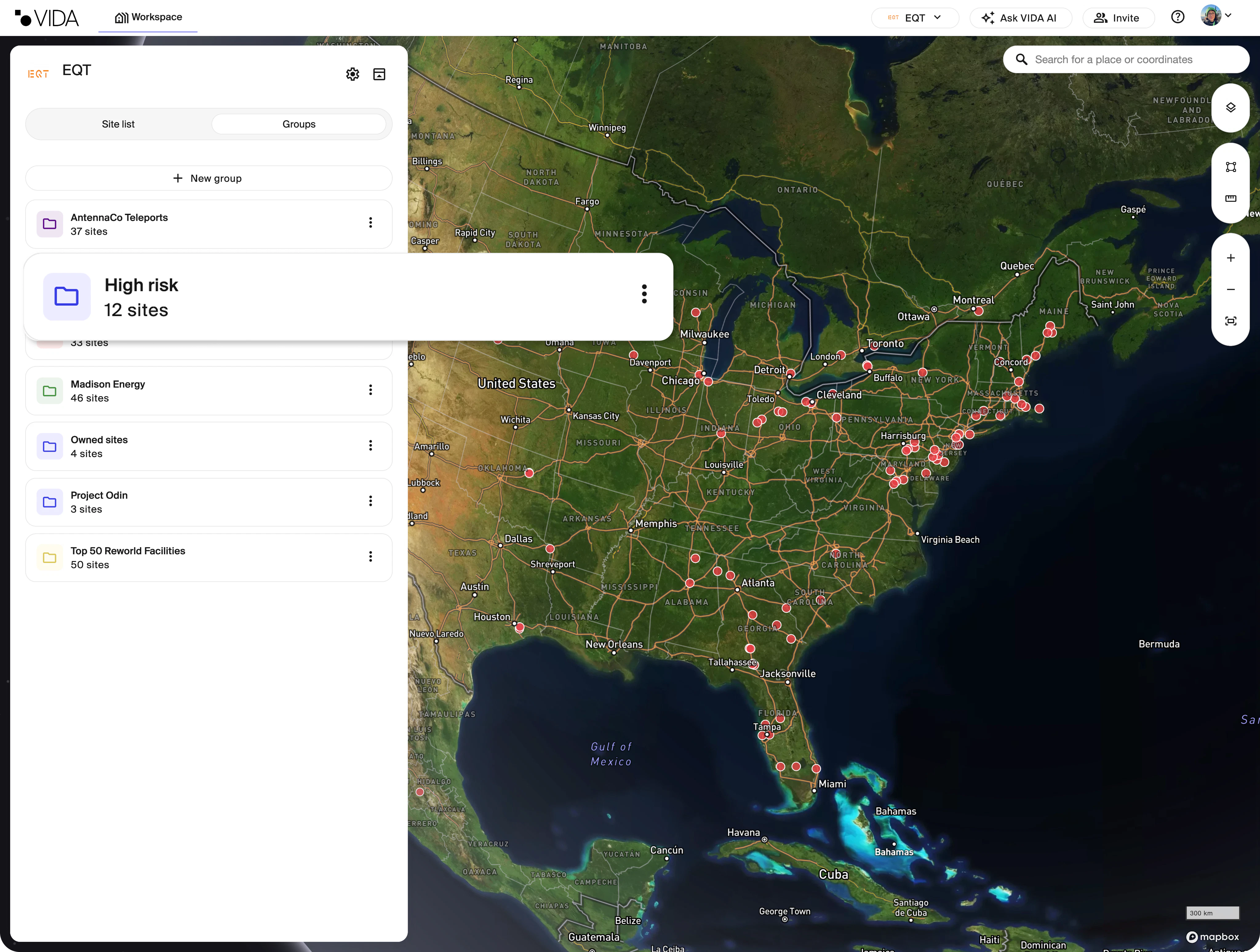 A screenshot of VIDA's geospatial platform with examples of groups in a communication infrastructure portfolio.