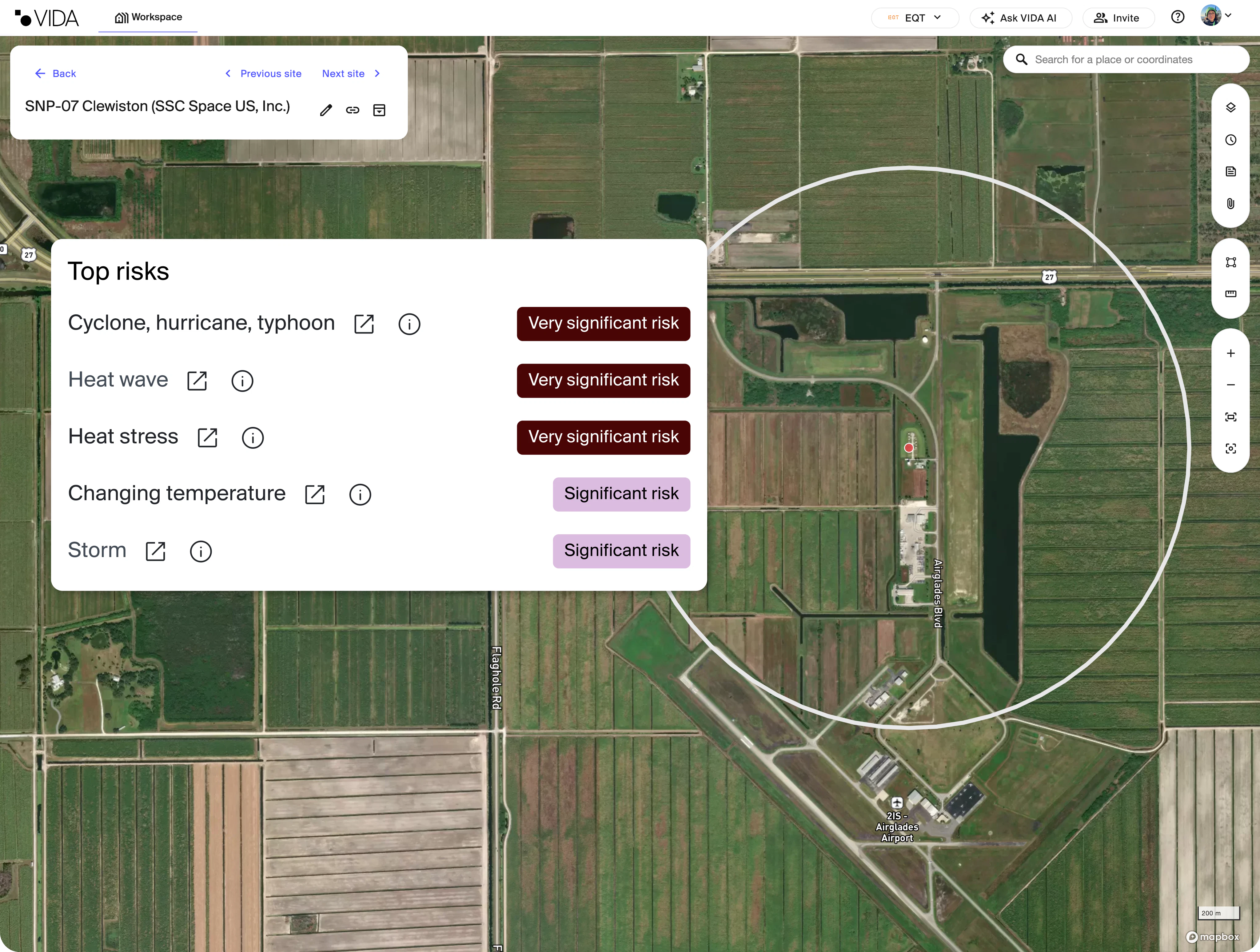 A screenshot of VIDA's geospatial platform with an example of top climate risks in a communications infrastructure portfolio.