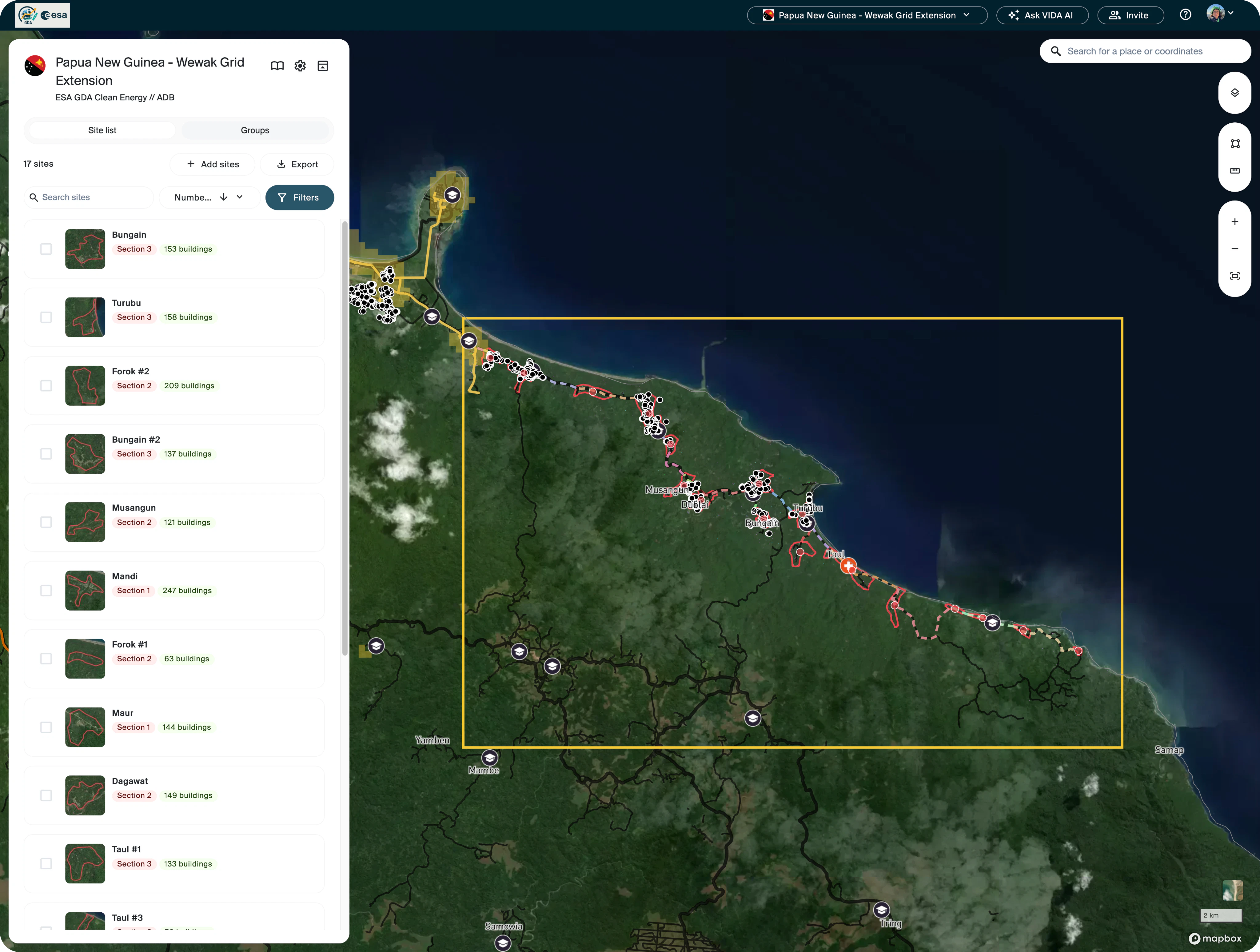 A screenshot of VIDA's geospatial platform showing sites for grid extension in Papua New Guinea.