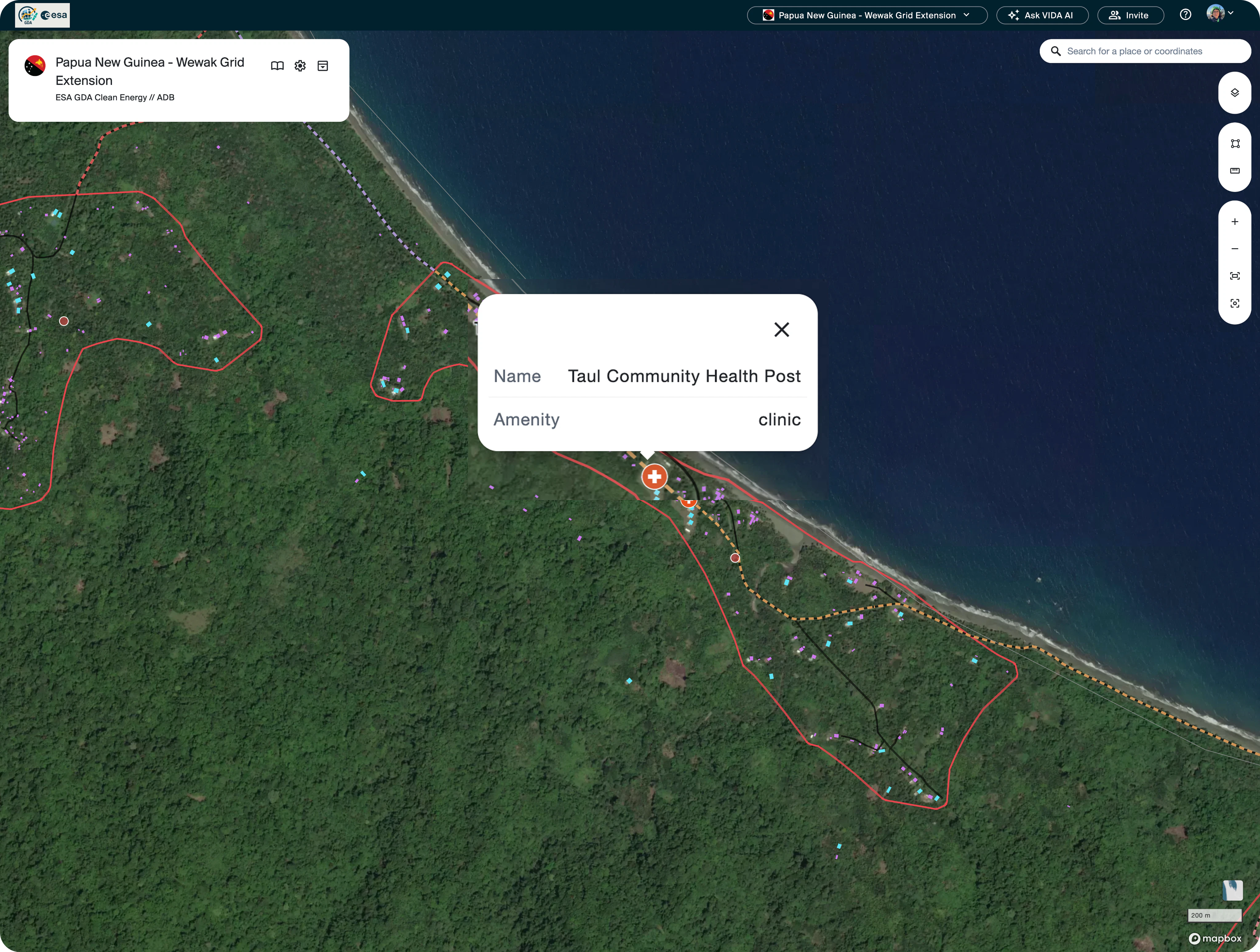 A screenshot of VIDA's geospatial platform with an example of a health clinic in Papua New Guinea.