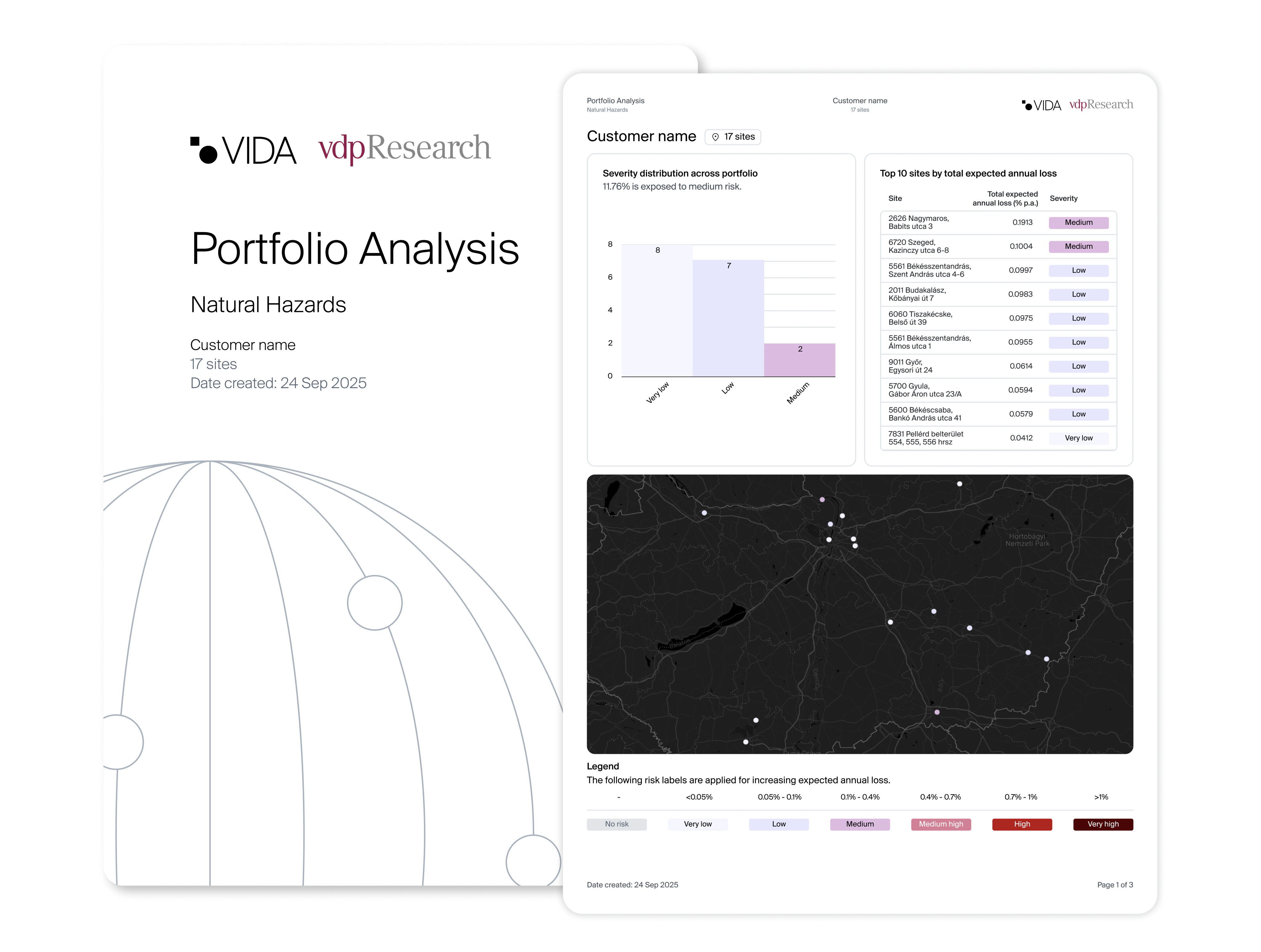 Two pages of the Portfolio Analytics PDF output from VIDA.